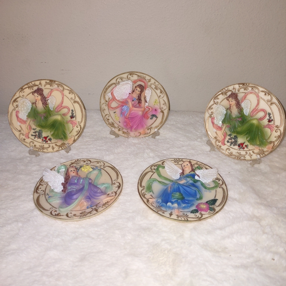 5 - 3D Ceramic Angel Plates Handcrafted "4.5" with Stands